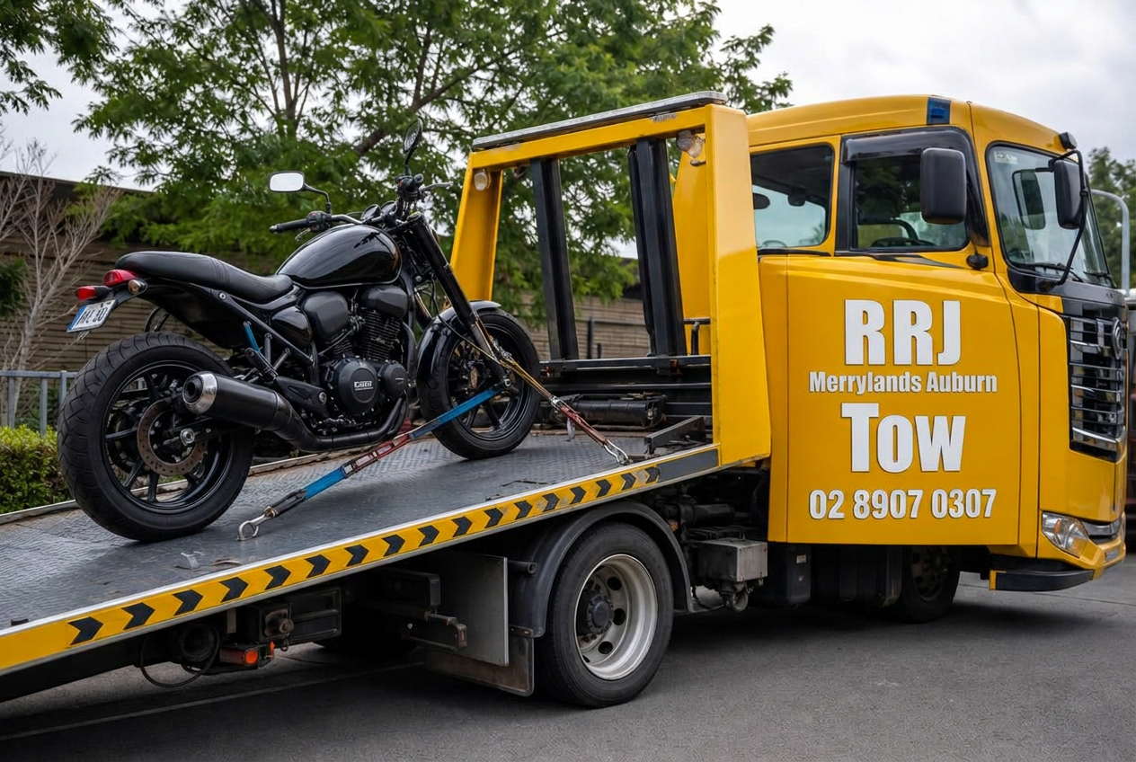 Motorbike secured on a RRJ Merrylands Auburn Tow flatbed truck